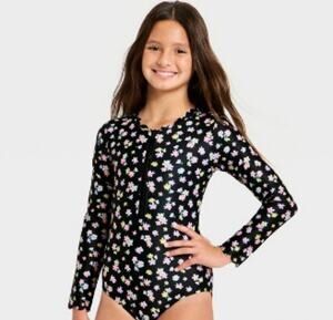 Cat & Jack Long Sleeve 10/12 Daydream Ditsy Scalloped Edge Rash Guard Swim Suit